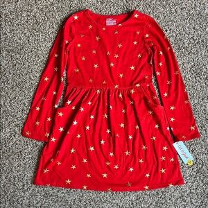 Cat & Jack Red Metallic Gold Star Print Pocket Long Sleeve Dress Girls Size XL